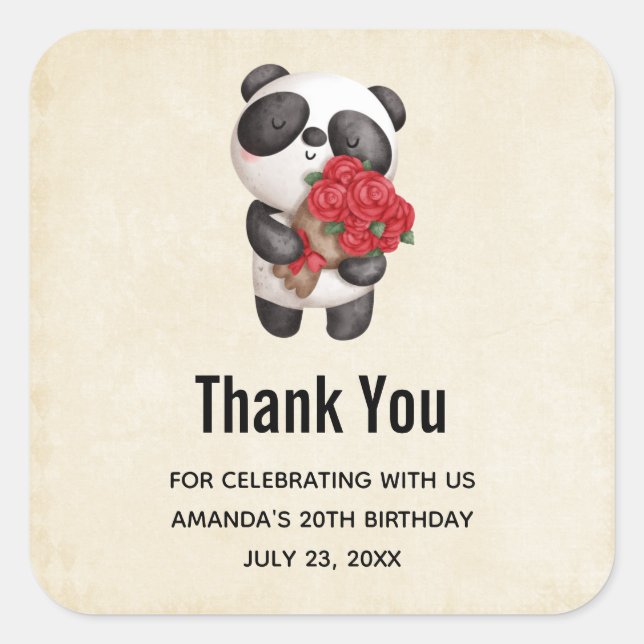 Sticker Carré Cute Panda Bear avec Rose Bouquet Anniversaire (Devant)
