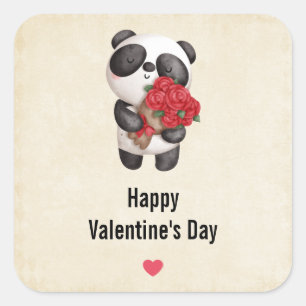 Sticker Carré Cute Panda Bear avec Rose Bouquet Saint Valentin