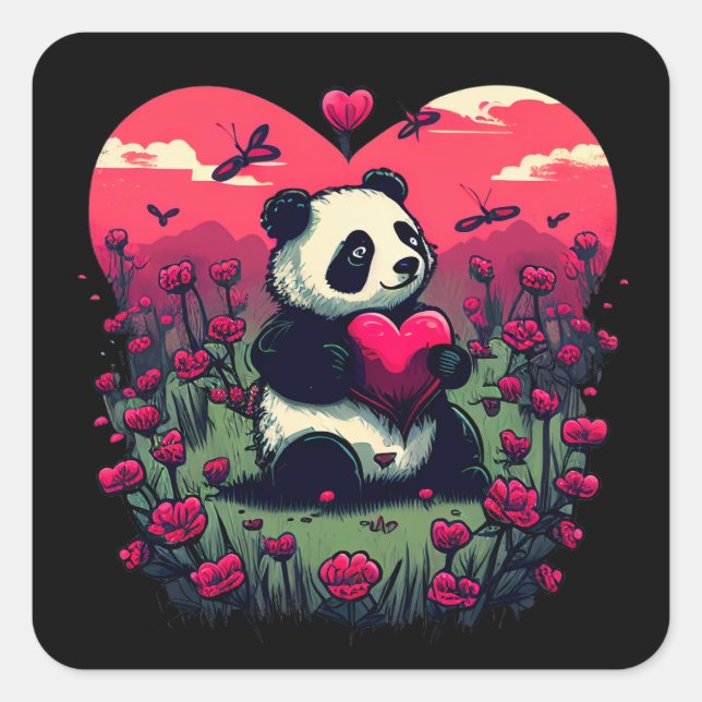 Sticker Carré Cute Panda Holding Heart - cadeau de la Saint-Vale (Devant)