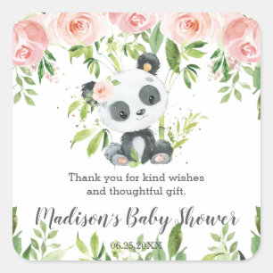 Sticker Carré Cute Panda Rose Floral Bamboo Baby shower Annivers