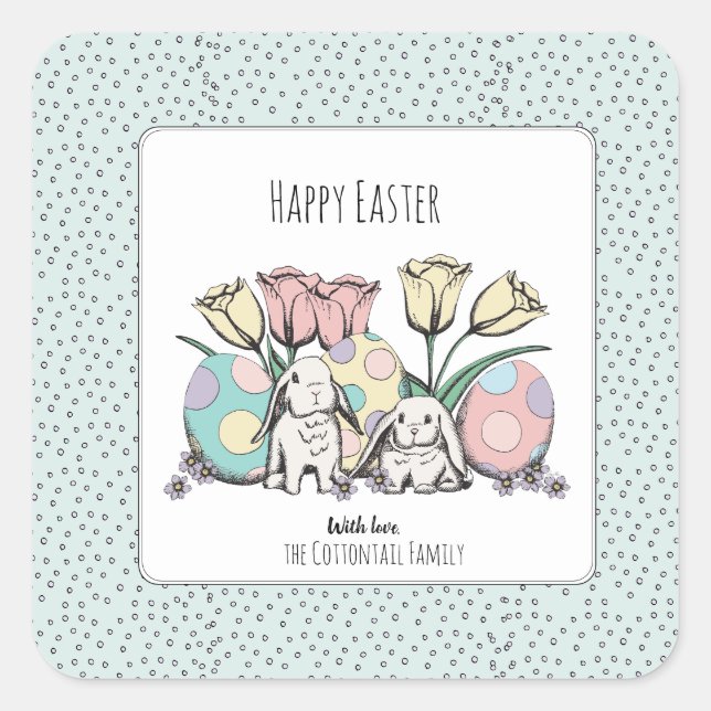 Sticker Carré Cute Pastel Bunny Rabbit Joyeux Pâques Nom de fami (Devant)