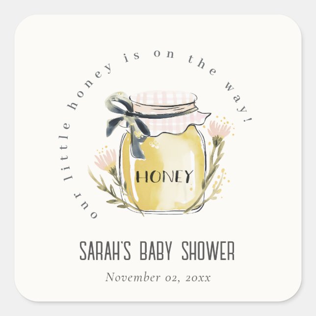 Sticker Carré Cute Pastel Watercolor Honey Jar Baby Shower (Devant)