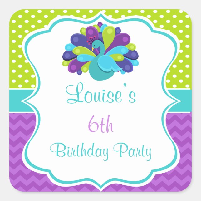 Sticker Carré Cute Peacock Green and Purple (Devant)