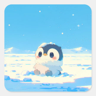 Sticker Carré Cute Penguin Chick in Starry Arctic Landscape
