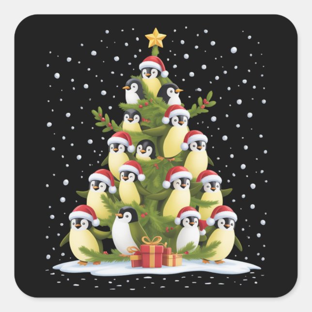 Sticker Carré Cute Penguin Christmas Tree Funny Holiday (Devant)
