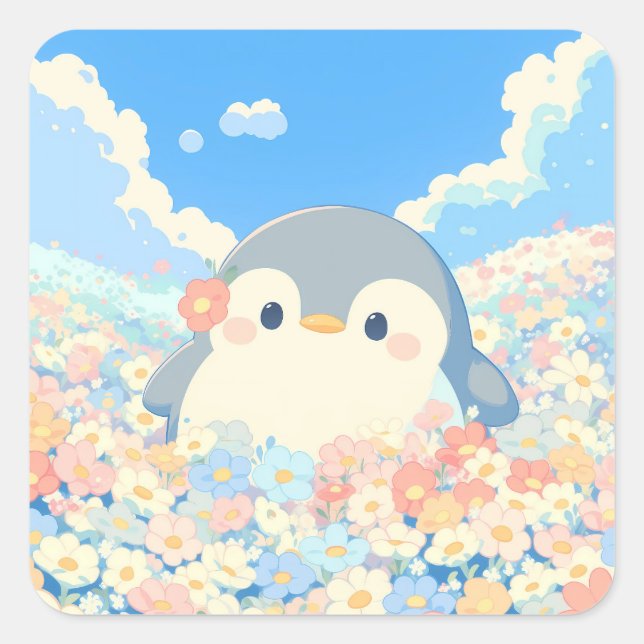 Sticker Carré Cute Penguin in Colorful Spring Meadow (Devant)