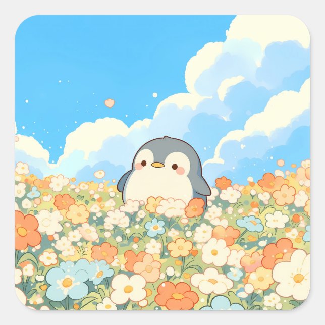 Sticker Carré Cute Penguin in Colorful Wildflower Meadow (Devant)