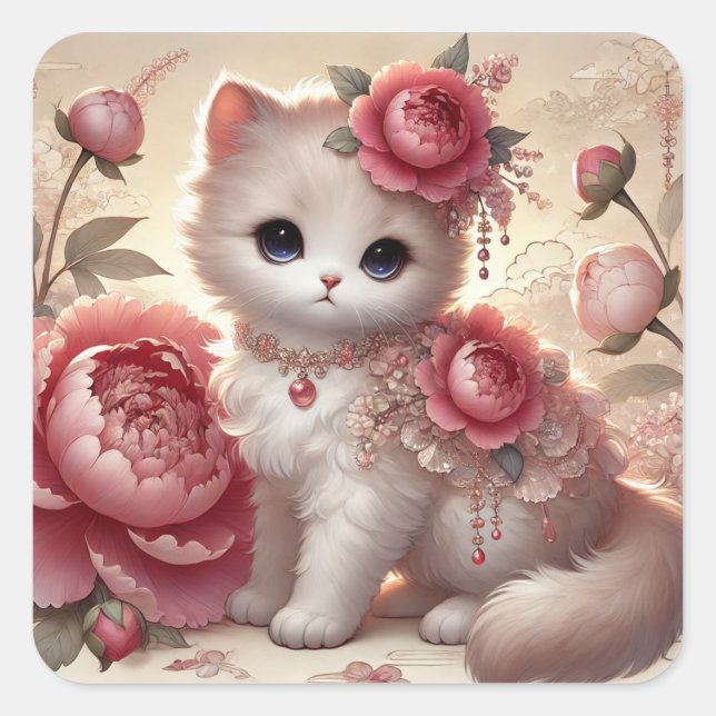 Sticker Carré Cute Peony Princess Chat (Devant)