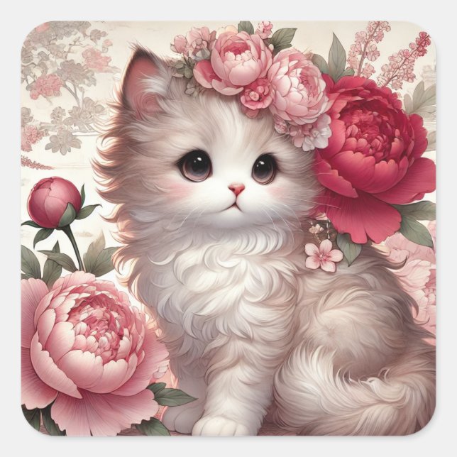Sticker Carré Cute Peony Princess Chat (Devant)