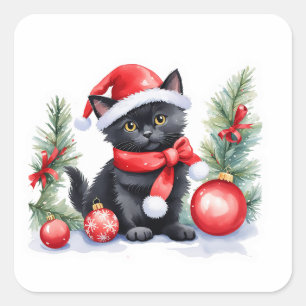 Sticker Carré Cute Père Noël noire Kitten avec boules de Noël
