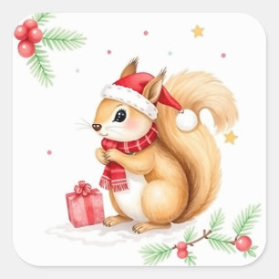 Sticker Carré Cute petite aquarelle écureuil de Noël