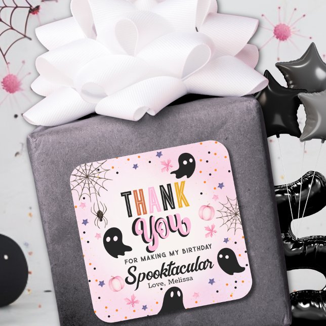 Sticker Carré Cute Pink Black Spooktacular Birthday Thank You (Créateur téléchargé)