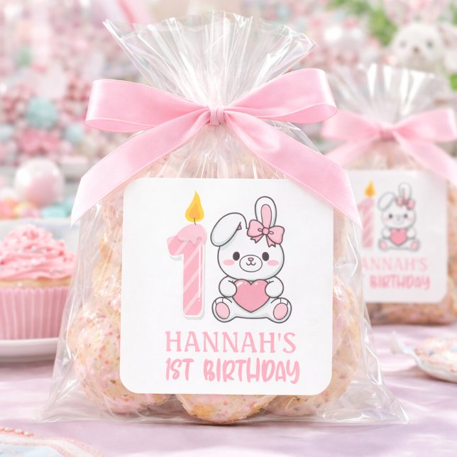 Sticker Carré Cute Pink Bunny Candle Girls First Birthday  (pink bunny candle first birthday sticker)