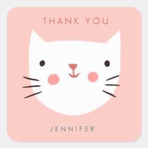 Sticker Carré Cute Pink Cat Anniversaire merci