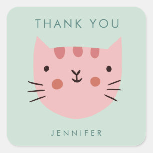 Sticker Carré Cute Pink Cat Anniversaire merci