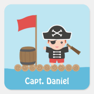 Sticker Carré Cute Pirate Captain Ocean Raft Nom du garçon Stick