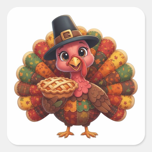 Sticker Carré Cute Quilted Patchwork Turkey | Pilgrim Hat Pie (Devant)