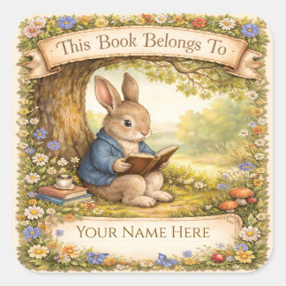 Sticker Carré Cute Rabbit Reading a Book - Bookplate