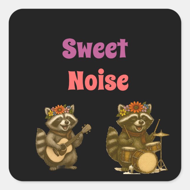 Sticker Carré Cute Raccoon Musique Lover Jouer Guitare & Drum (Devant)