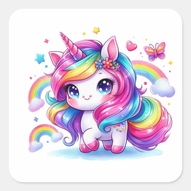 Sticker Carré Cute Rainbow Unicorn (Devant)
