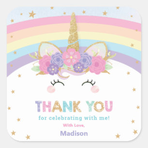 Sticker Carré Cute Rainbow Unicorn 1er 2e fête d'anniversaire Fa