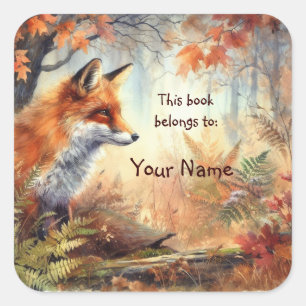 Sticker Carré Cute Red Fox, Ce livre appartient Boplate
