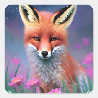 Sticker Carré Cute Red Fox Floral Imaginaire Art