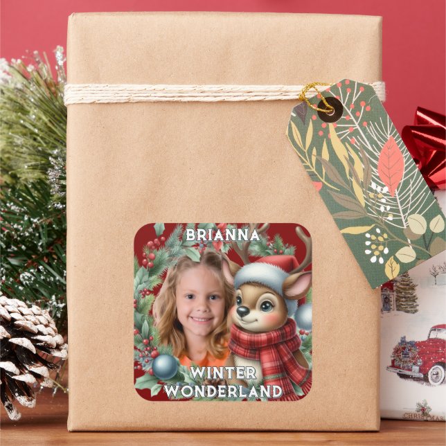 Sticker Carré Cute Reindeer Christmas Holiday Wreath  (vacances)