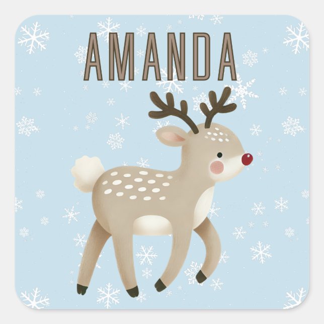 Sticker Carré Cute Reindeer Snowflakes Kids Name Christmas (Devant)
