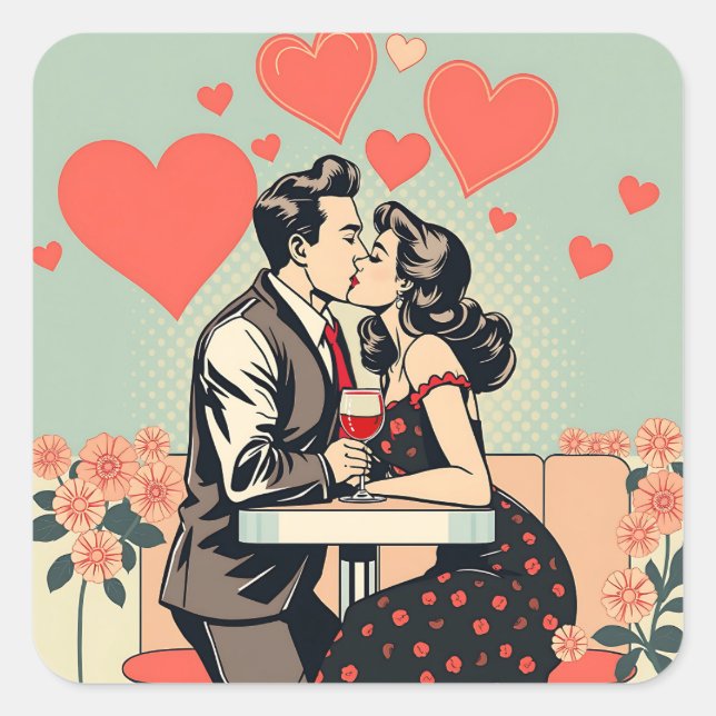 Sticker Carré Cute Retro Couple Kissing Pop Coeurs d'art (Devant)