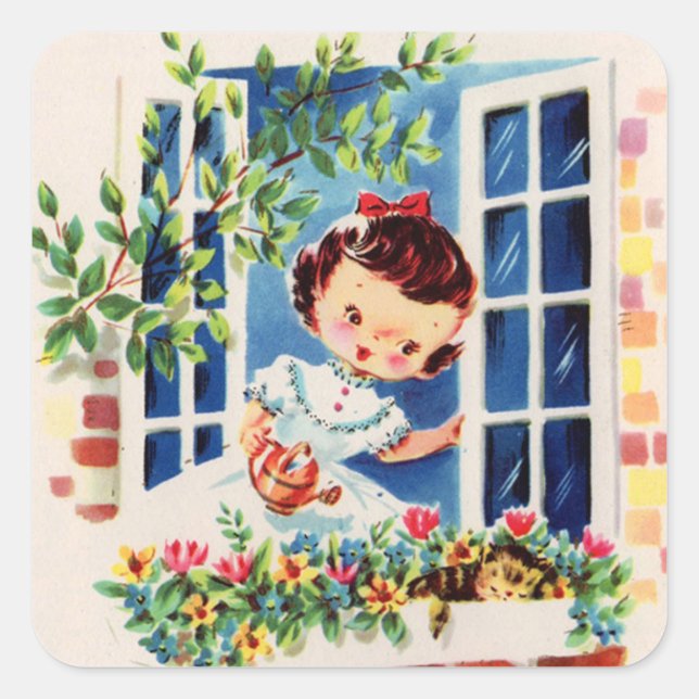 Sticker Carré Cute retro fille vintage arroser fleurs (Devant)