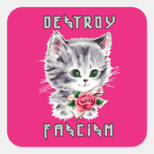 Sticker Carré Cute Retro Kitten - Détruire le fascisme