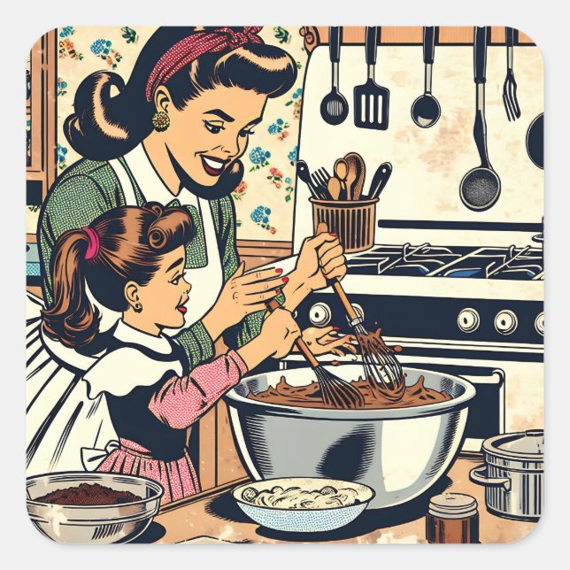 Sticker Carré Cute Retro Maman et Fille Cuisiner ensemble (Devant)