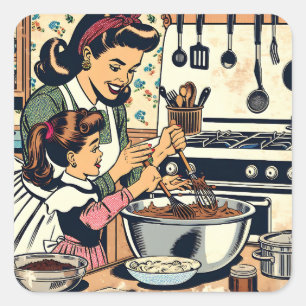 Sticker Carré Cute Retro Maman et Fille Cuisiner ensemble