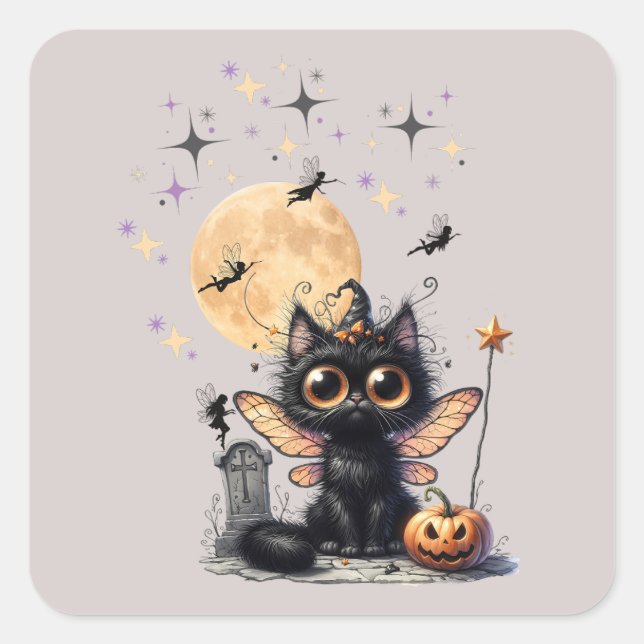 Sticker Carré Cute Rétro Noir Large Fée Kitten Halloween fée à g (Devant)
