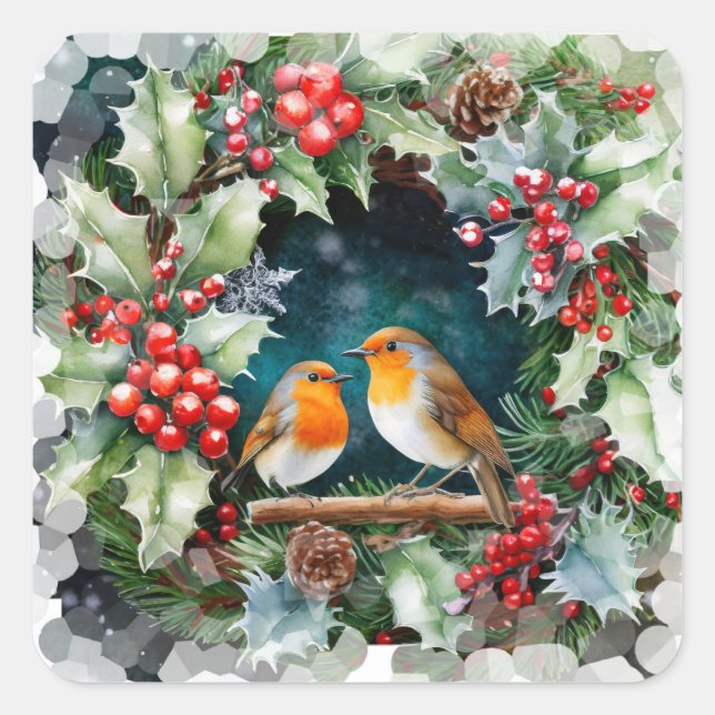Sticker Carré Cute robins and holly and foliage (Devant)