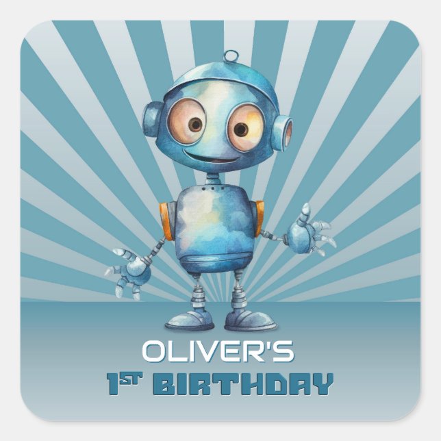 Sticker Carré Cute Robot Thème 1er Anniversaire Invitation (Devant)