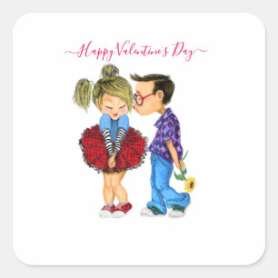 Sticker Carré Cute Romantic Couple Love - Valentine's Day Kiss