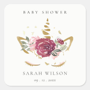 Sticker Carré Cute Rose Blush Gold Floral Unicorn Baby shower