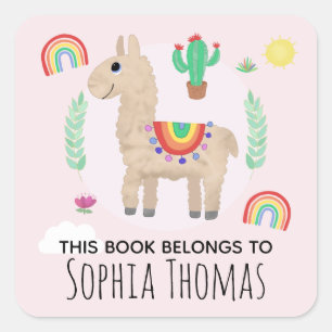 Sticker Carré Cute Rose 'Ce Livre Appartient' Llama Kids Boplate