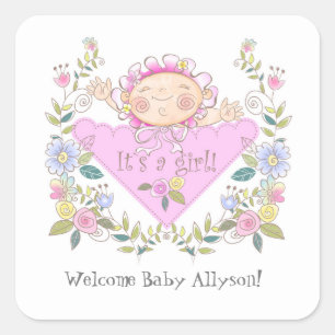 Sticker Carré Cute Rose C'est une fille Bébé Douche Faveurs
