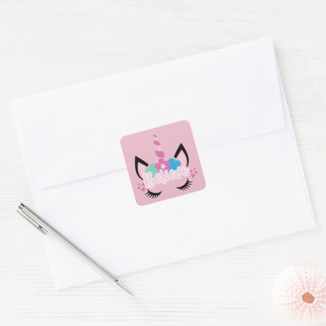 Sticker Carré Cute Rose Croire en Unicorns Magical Floral (Enveloppe)