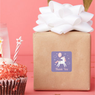 Sticker Carré Cute rose et violet Unicorne Anniversaire Merci