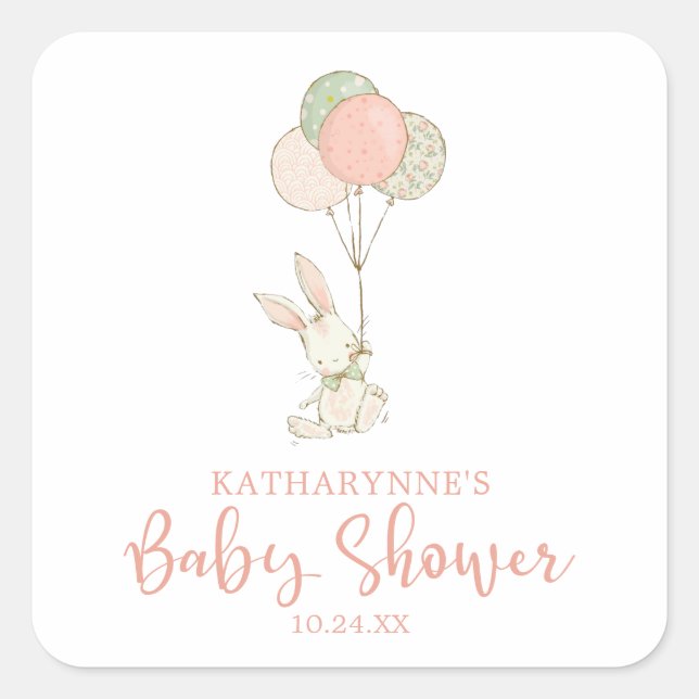 Sticker Carré Cute rose Rustique Baby shower de lapin Floral (Devant)