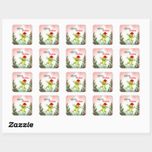 Sticker Carré Cute Rouge Joyeux grenouille de Noël Père Noël fêt