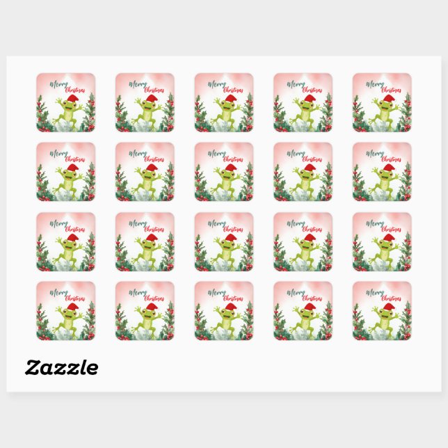 Sticker Carré Cute Rouge Joyeux grenouille de Noël Père Noël fêt (Feuille)