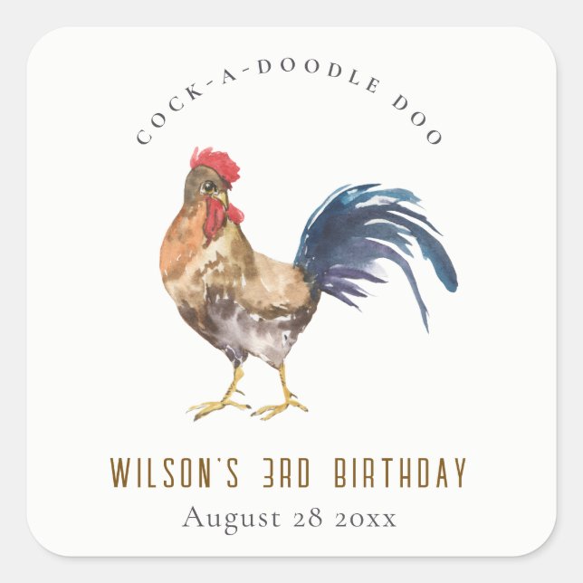 Sticker Carré Cute Rustic Rooster Farm Anniversaire de enfant d' (Devant)