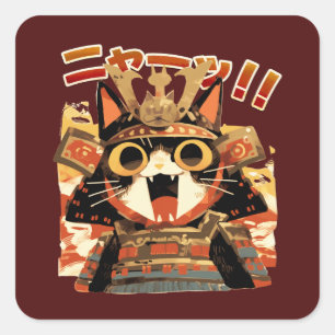 Sticker Carré Cute Samurai Chat en Armure