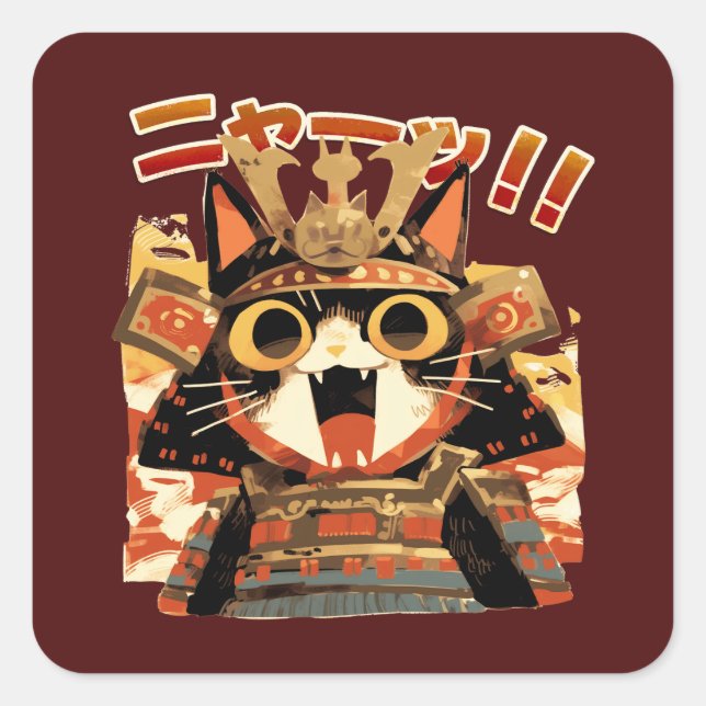 Sticker Carré Cute Samurai Chat en Armure (Devant)