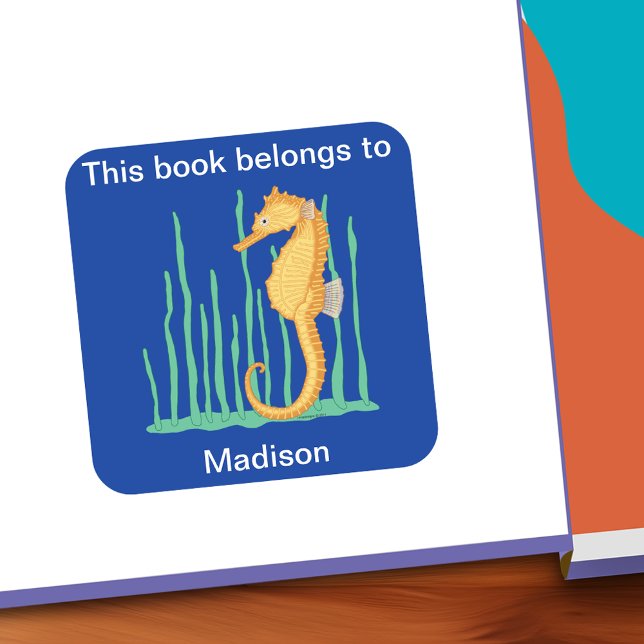 Sticker Carré Cute Seahorse Cela Appartient À Bookplate (Cute Seahorse This Belongs To Personalized Bookplate)